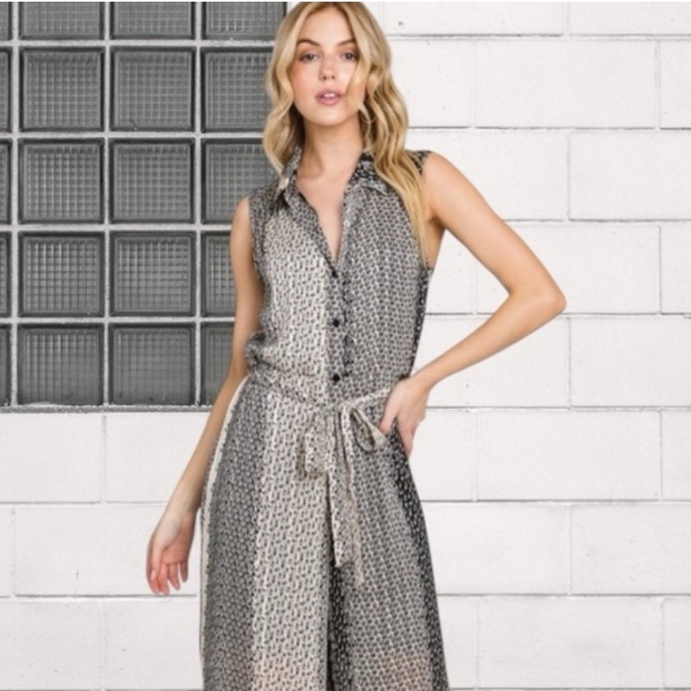 Printed Button Front Collared Sleeveless Belted Jumpsuit